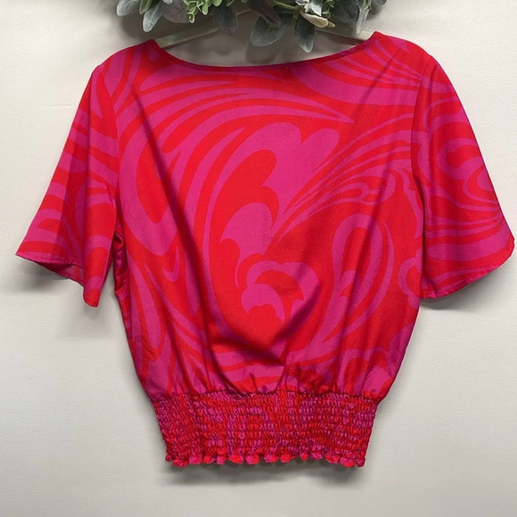 MICHAEL Michael Kors Pink and Red Short Sleeve Smocked Waist Blouse S - Picture 2 of 11